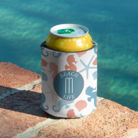 Coral Blue Nautical Monogram Can Cooler