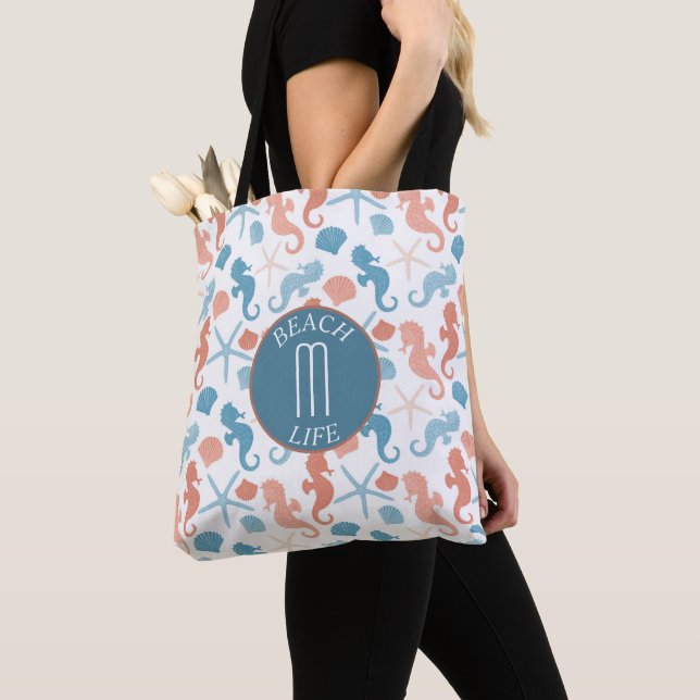 Coral Blue Nautical Monogram Pattern Tote Bag (Close Up)