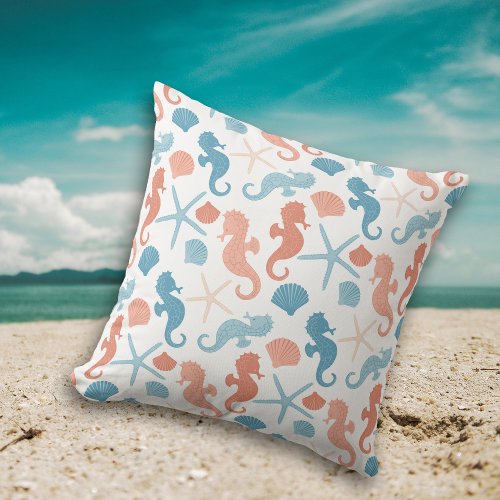 Coral Blue Nautical Pattern Throw Pillow