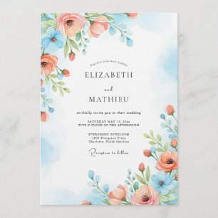Coral Blue Painterly Bloom Wedding Invitation