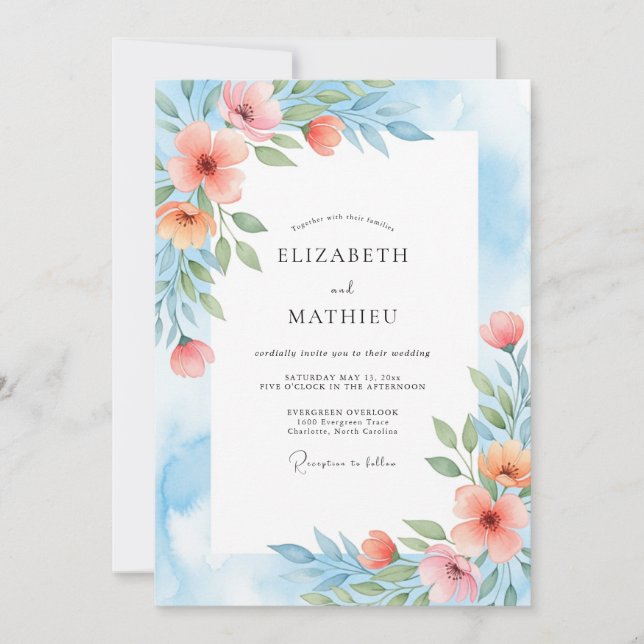Coral Blue Painterly Botanical Wedding Invitation (Front)