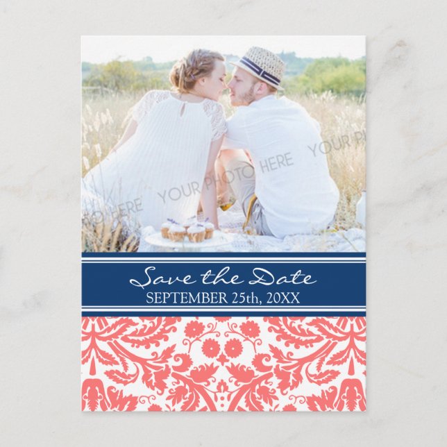 Coral Blue Photo Save the Date Wedding Postcards (Front)