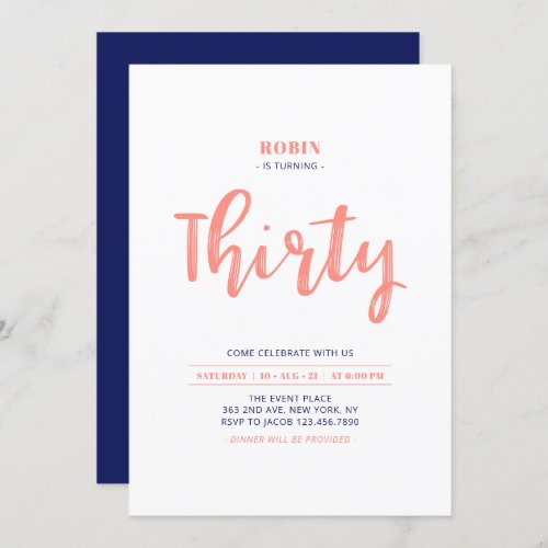 Coral  Blue Simple 30th Birthday Party Invitation