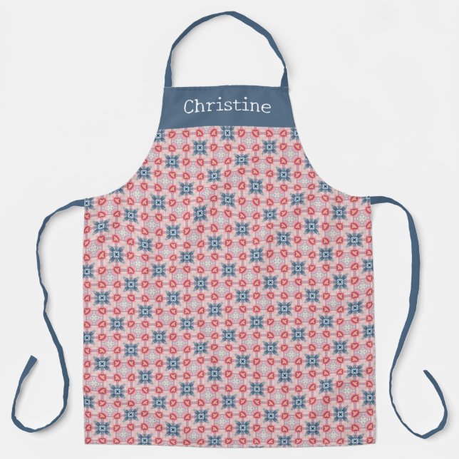 Coral Blue Star Pattern Personalized Name Apron (Front)