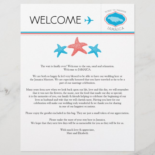 Coral & Blue Starfish Jamaica Wedding Welcome (Front)