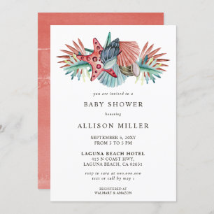 Coral Blue Starfish Seashells Beach Baby Shower Invitation
