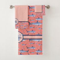 Coral &amp; Blue Watercolor Monogram Shark Life Sea Bath Towel Set