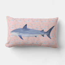 Coral &amp; Blue Watercolor Monogram Shark Print Lumbar Pillow