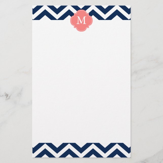 Coral & Blue Zigzags Pattern Monogram Stationery (Front)