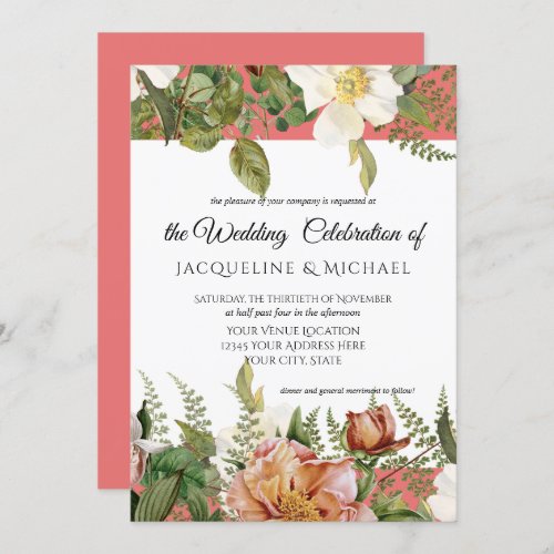 Coral Blush Floral Ivory Peony Wedding Rose Leaf Invitation