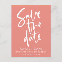 Coral Blush Handwritten Calligraphy Save the Date Announcement Postcard
