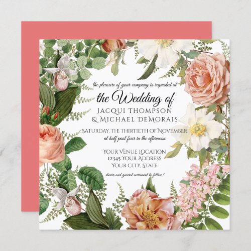 Coral Blush Ivory Vintage Botanical Floral Wedding Invitation