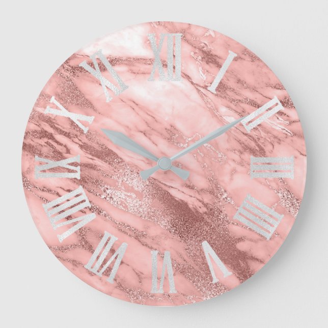 Coral Blush Metallic Gray Silver Roman Numbers Large Clock (Front)
