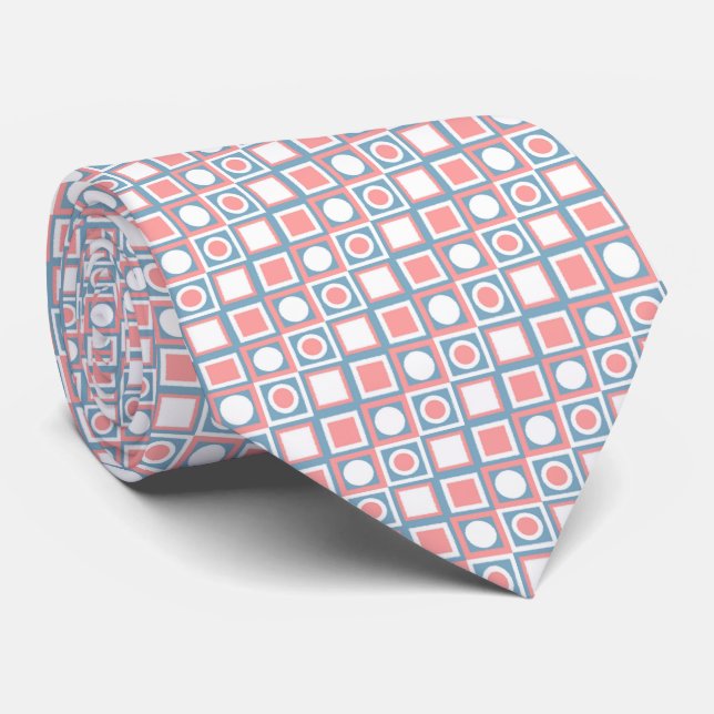 Coral Blush Peach Pink Blue White Art Pattern Neck Tie (Rolled)
