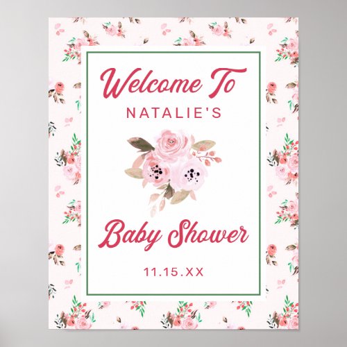Coral  Blush Pink Floral Chic Baby Shower Welcome Poster