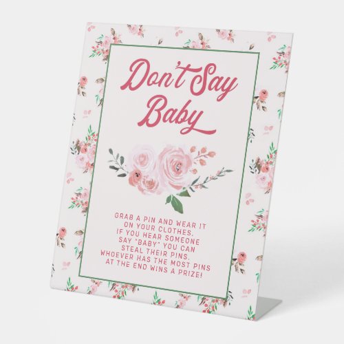 Coral Blush Pink Floral Dont Say Baby Shower Game Pedestal Sign