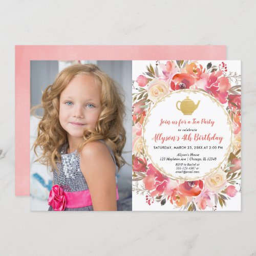 Coral blush pink Floral tea party birthday photo Invitation