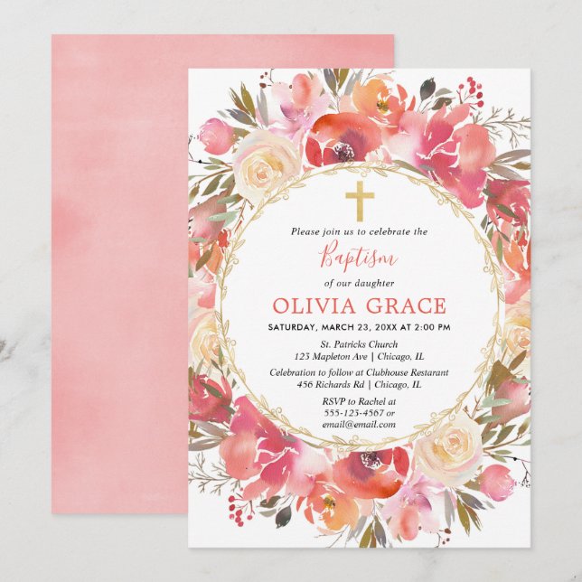Coral blush pink Girl Baptism Invitation (Front/Back)
