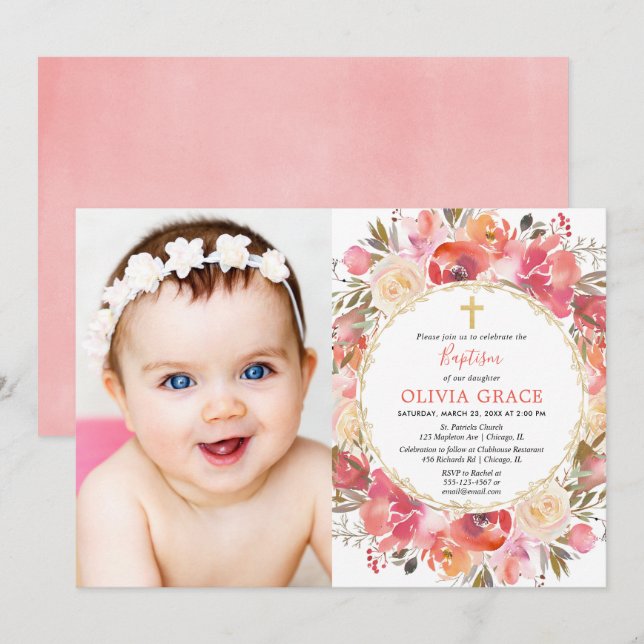Coral blush pink Girl Baptism photo Invitation (Front/Back)