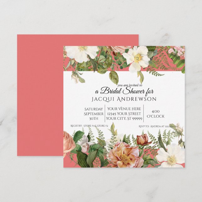 Coral Blush Pink Ivory Roses Floral Bridal Shower Invitation (Front/Back)