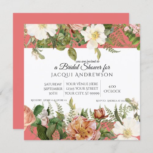 Coral Blush Pink Ivory Roses Floral Bridal Shower Invitation