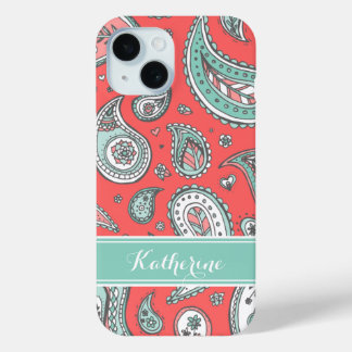 Coral Bohemian Paisley Custom Monogram iPhone 15 Case