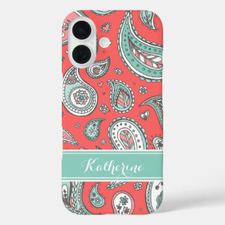 Coral Bohemian Paisley Custom Monogram iPhone 16 Case