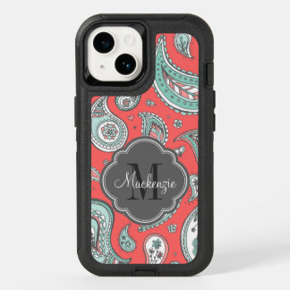 Coral Bohemian Paisley Custom Monogram OtterBox iPhone 14 Case