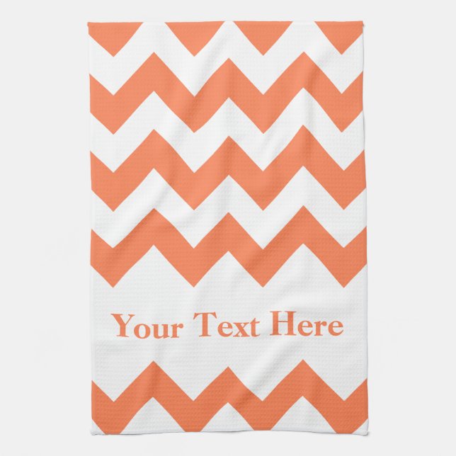 Coral Bold Chevron with customizable text Kitchen Towel (Vertical)