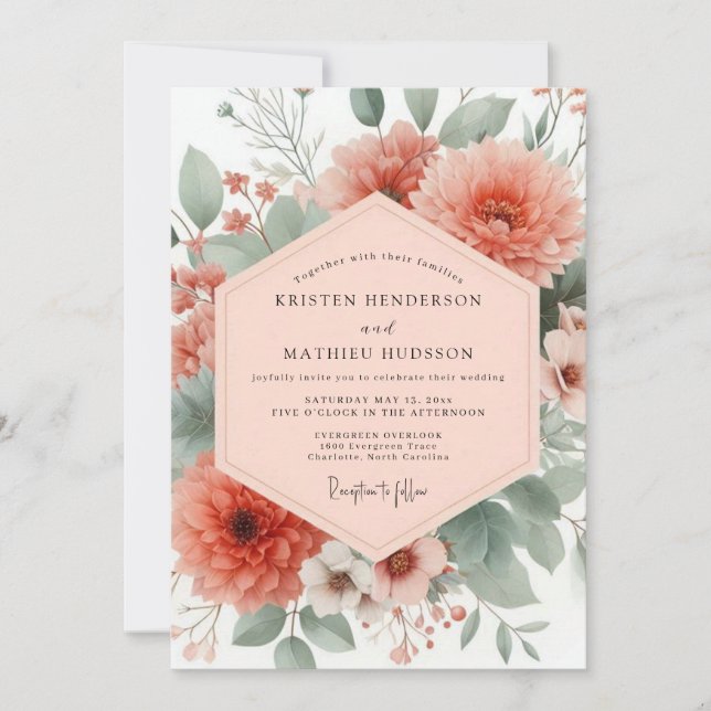Coral Botanical Bloom Wedding Invitation (Front)