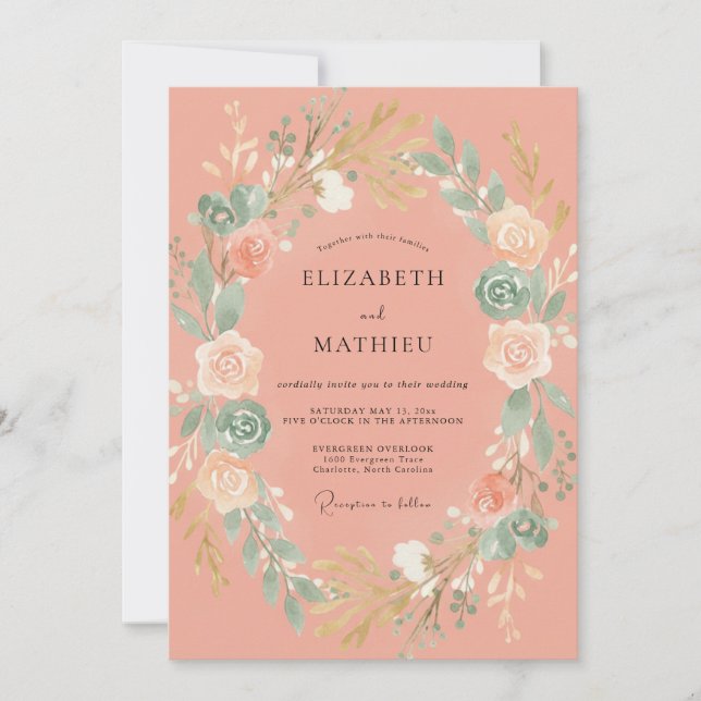 Coral Botanical Laurel Romance Wedding Invitation (Front)