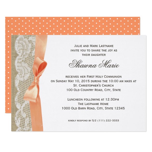 Coral Bow And Burlap First Communion Invitation