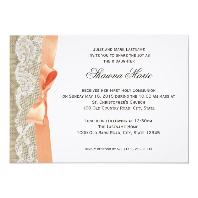 Coral Bow And Burlap First Communion Invitation