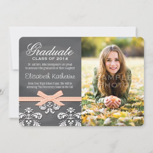 Coral Bow Chalkboard Lace Graduation Announcement