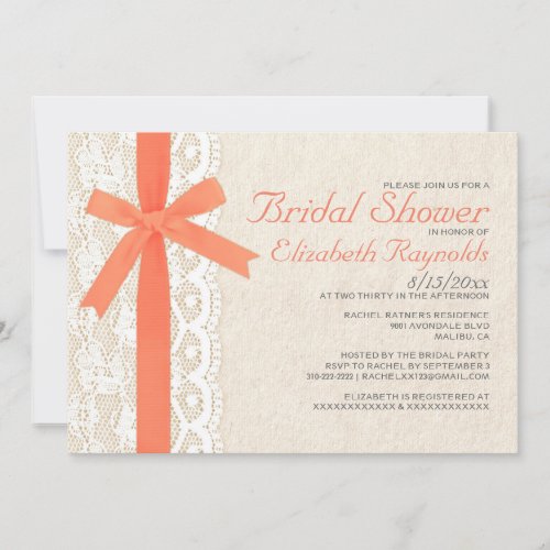 Coral Bow &amp; Lace Bridal Shower Invitations