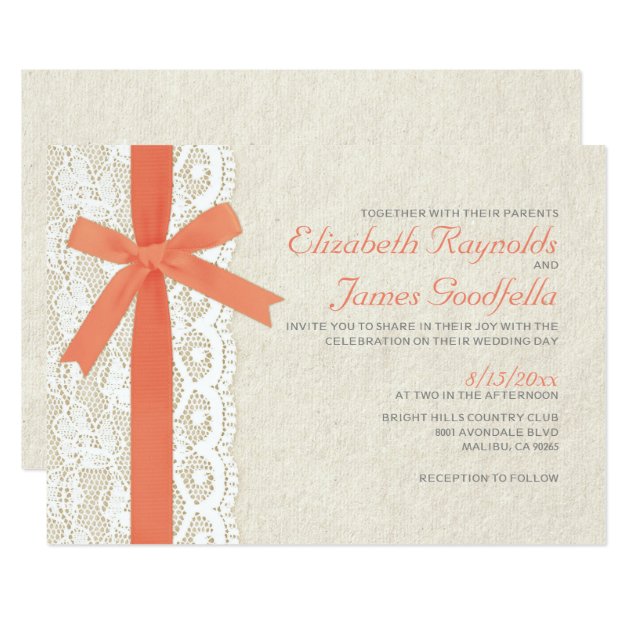 Coral Bow & Lace Wedding Invitations