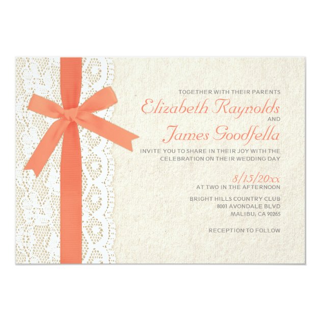 Coral Bow & Lace Wedding Invitations
