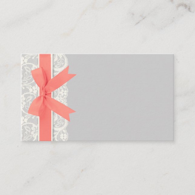 Coral Bow on Ivory Lace and Gray Place Card (Front)