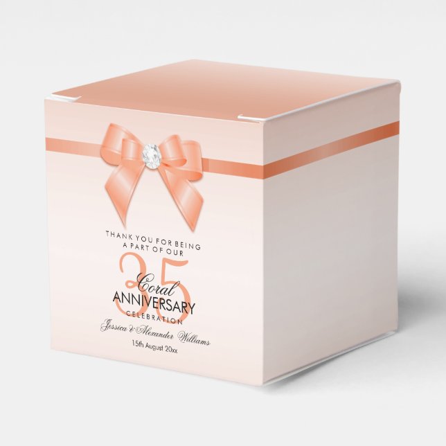 Coral Bow & Ribbon 35th Wedding Anniversary Favor Boxes (Front Side)