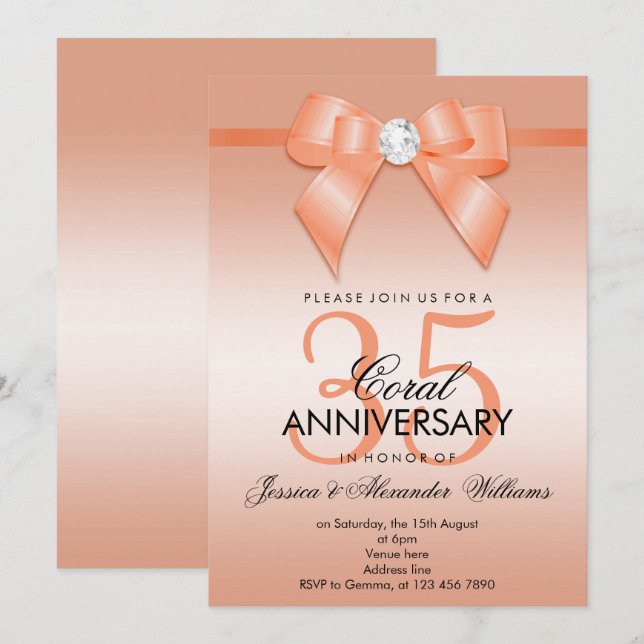 Coral Bow & Ribbon 35th Wedding Anniversary Invitation (Front/Back)