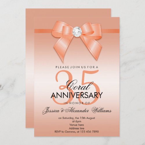 Coral Bow  Ribbon 35th Wedding Anniversary Invitation
