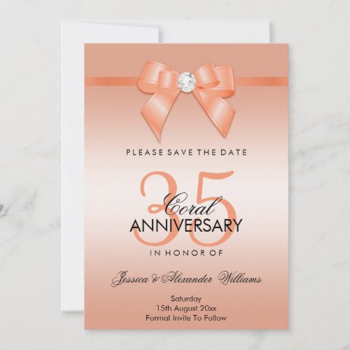 Coral Bow & Ribbon 35th Wedding Anniversary Save The Date