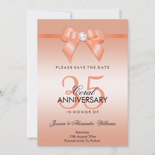 Coral Bow  Ribbon 35th Wedding Anniversary Save The Date