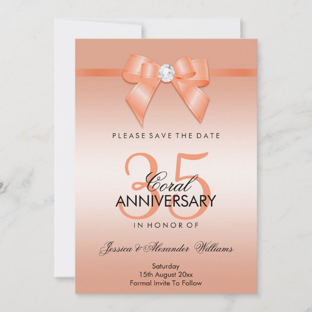Pretty Pale Coral Pink Damask Bow Personalized Wedding Save The Date Cards