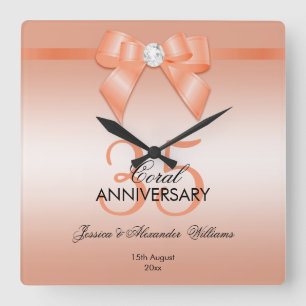 Coral Bow & Ribbon 35th Wedding Anniversary Square Wall Clock