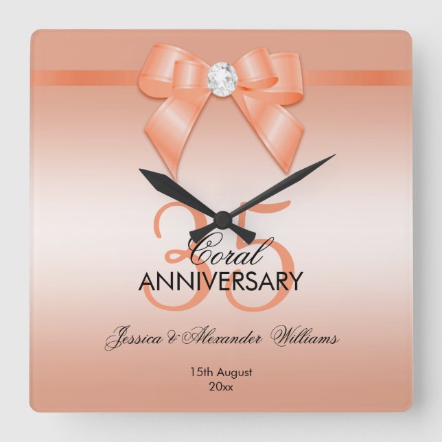 Coral Bow & Ribbon 35th Wedding Anniversary Square Wall Clock (Front)