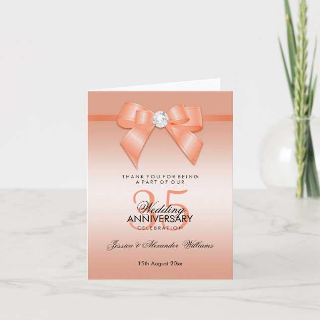 Coral Bow & Ribbon 35th Wedding Anniversary Thank You Card (Front)