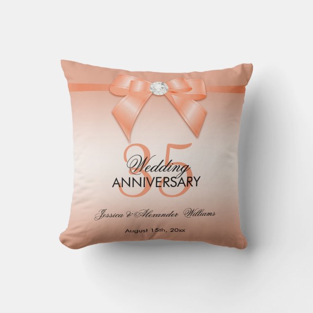 Coral Bow & Ribbon 35th Wedding Anniversary Throw Pillow (Front)