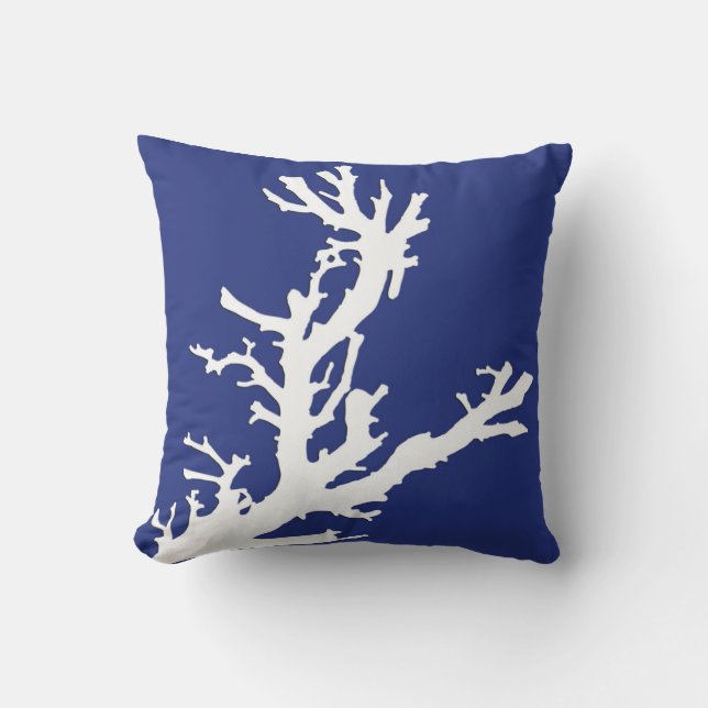 Coral branch - navy blue and white outdoor pillow (Front)