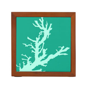 Coral branch - teal and seafoam green desk organizer